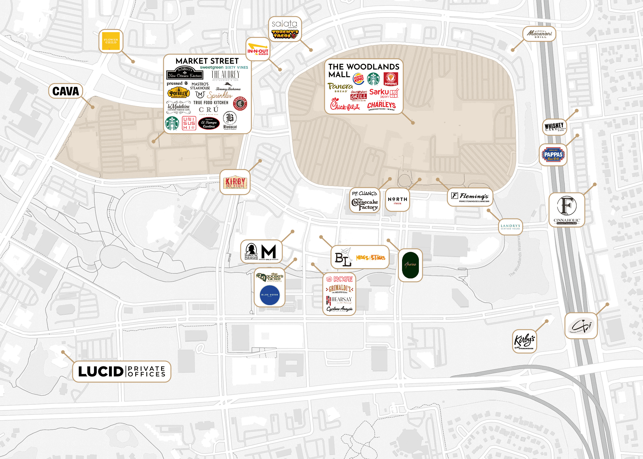 Nearby amenities map for The Woodlands 