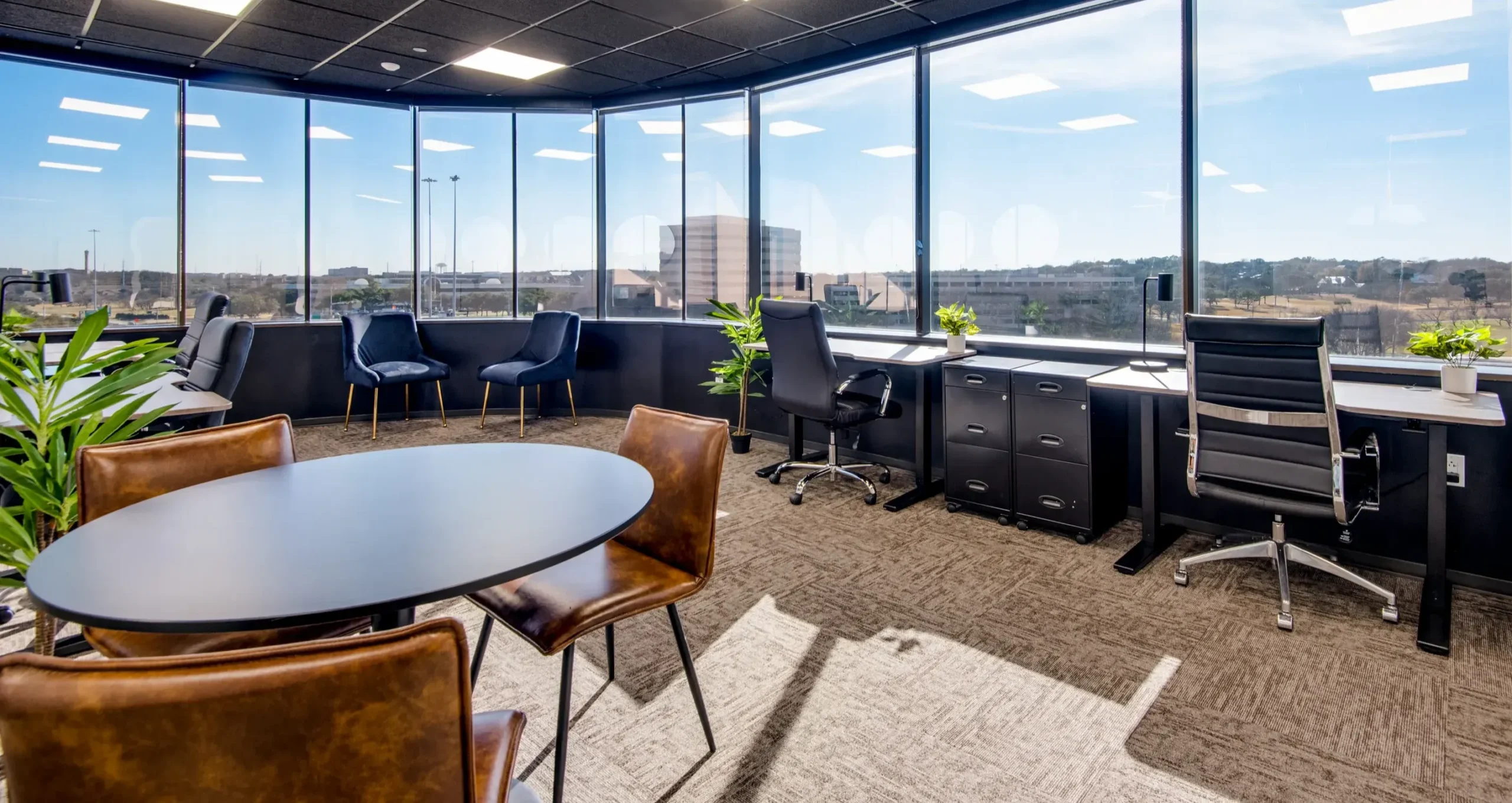 Multi-window private office suite with panoramic Las Colinas skyline views at Lucid Private Offices Irving TX