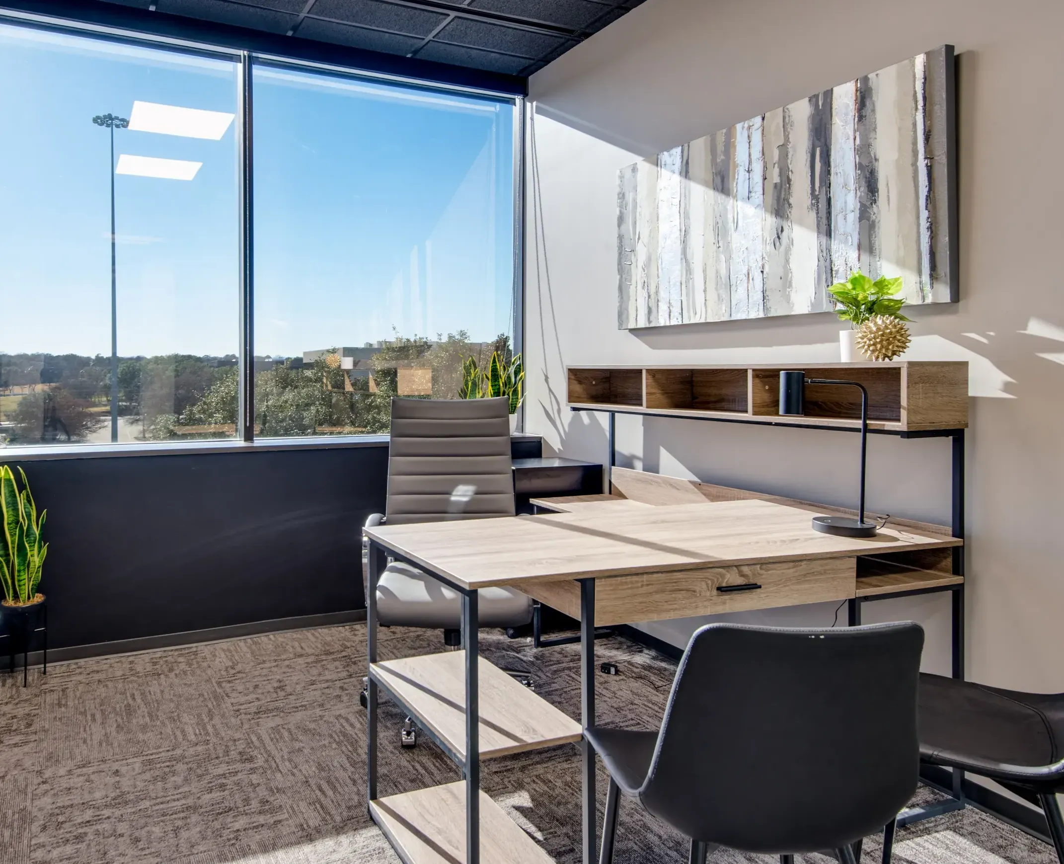 Executive private office with L-shaped desk and natural light at Lucid Private Offices Las Colinas Irving