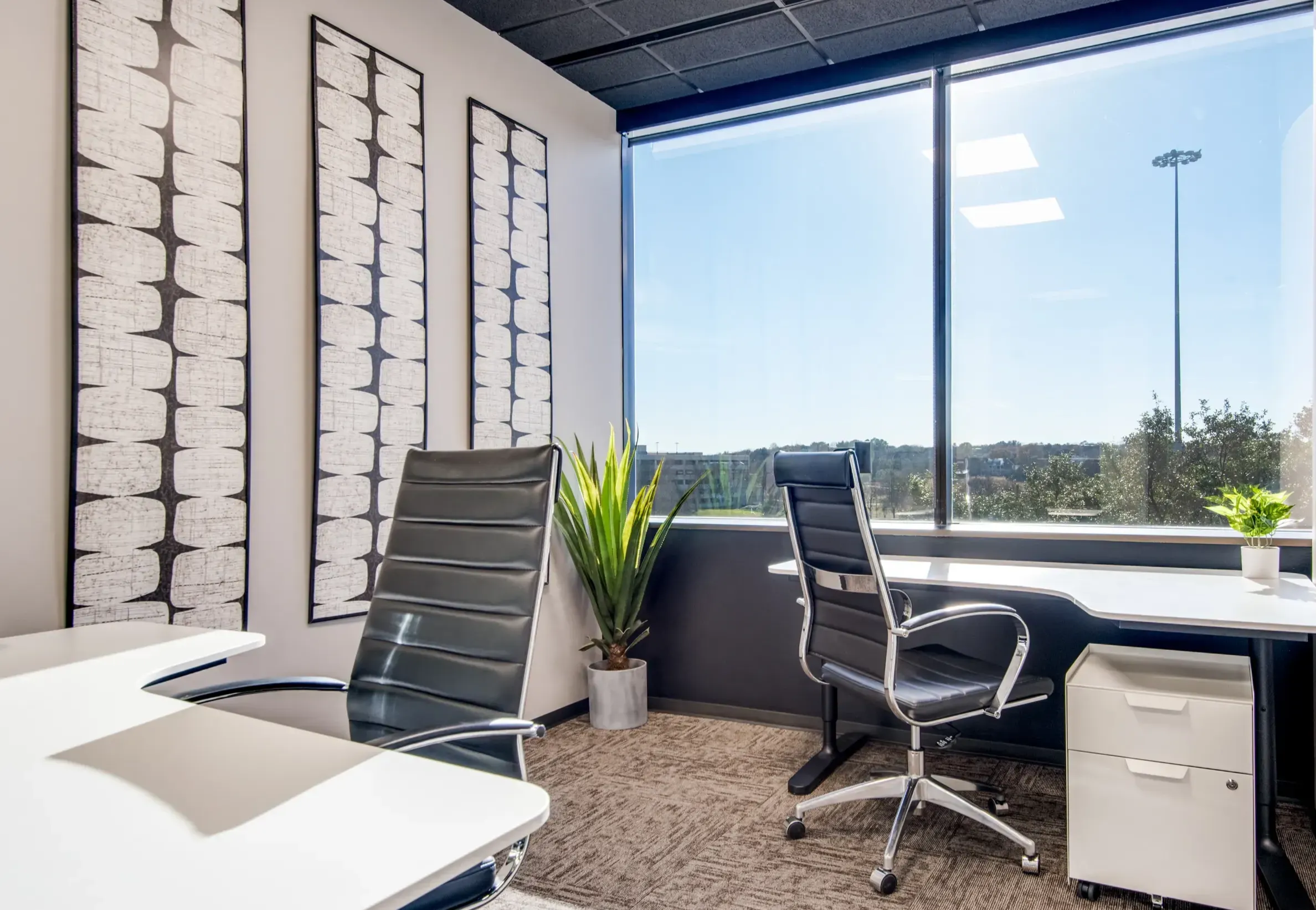 Private office space with floor-to-ceiling windows and Las Colinas views at Lucid Private Offices Irving TX