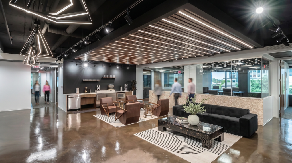 Coffee bar and lounge seating in a Lucid Private Offices common area