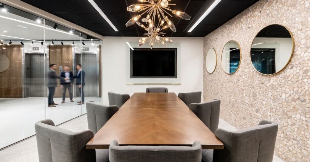 Enclosed conference room at Lucid Private Offices with a glass wall separating the meeting from the lobby