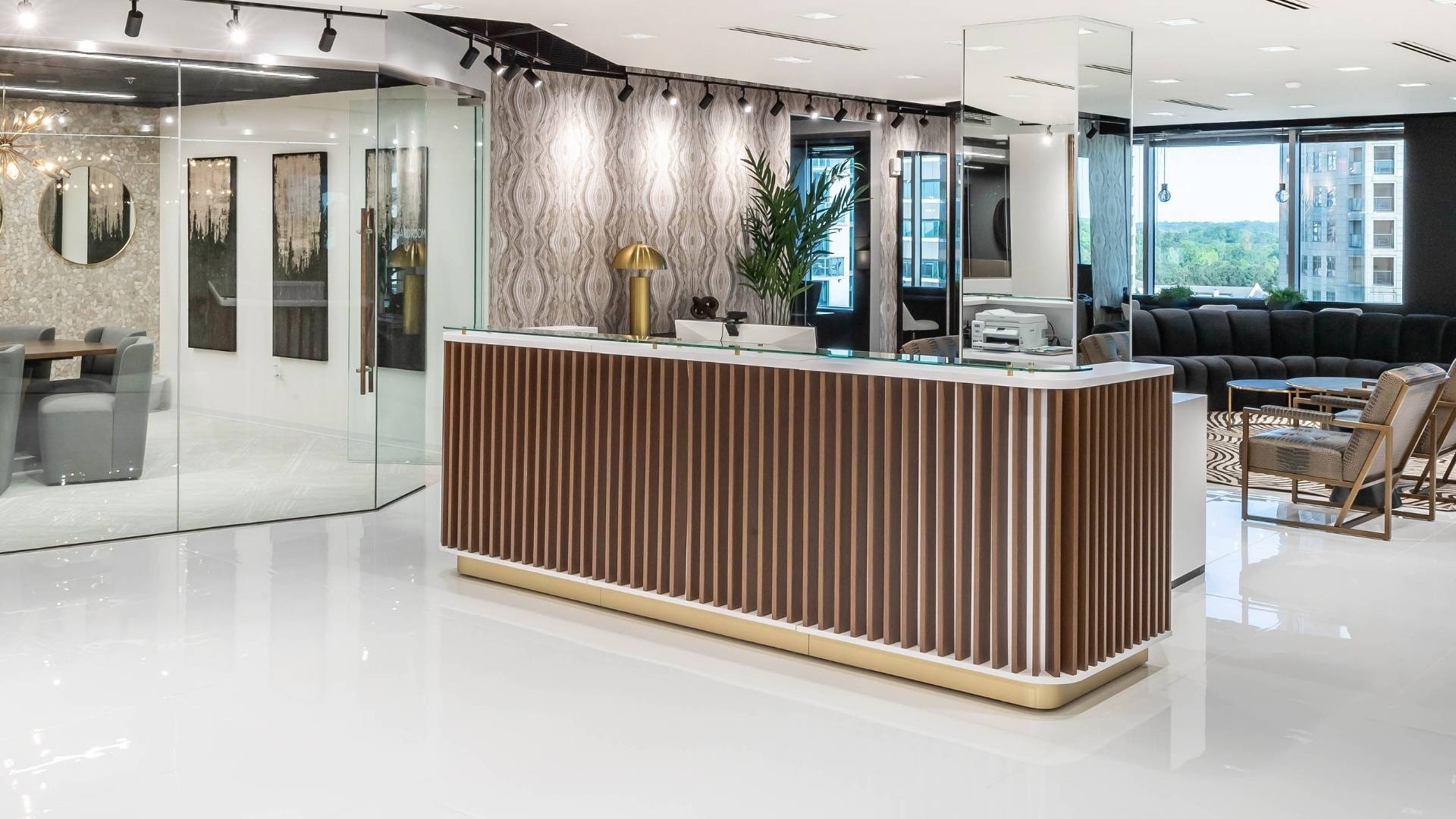 Reception area at Buckhead Lucid Private Offices with white-label welcome desk